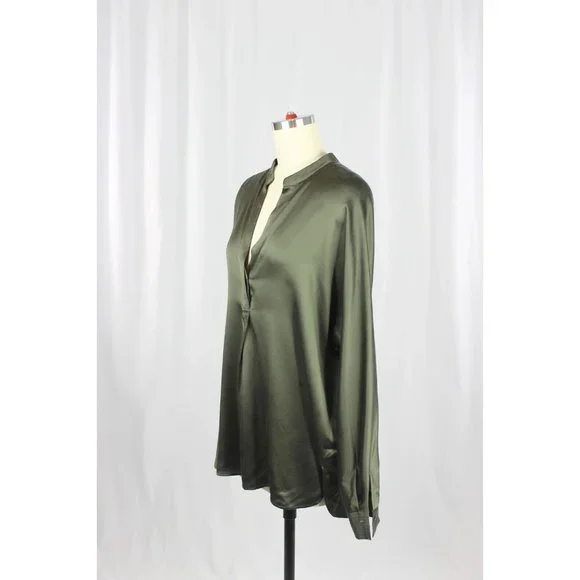 VINCE Olive Green Silk Charmeuse Split Neck Relaxed Tunic Blouse, Size S - Picture 7 of 15